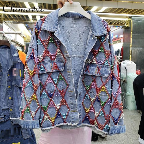 

women's jackets high street elegant fashion lapel beading casual denim jacket for women loose burrs all-matching single breasted coat, Black;brown
