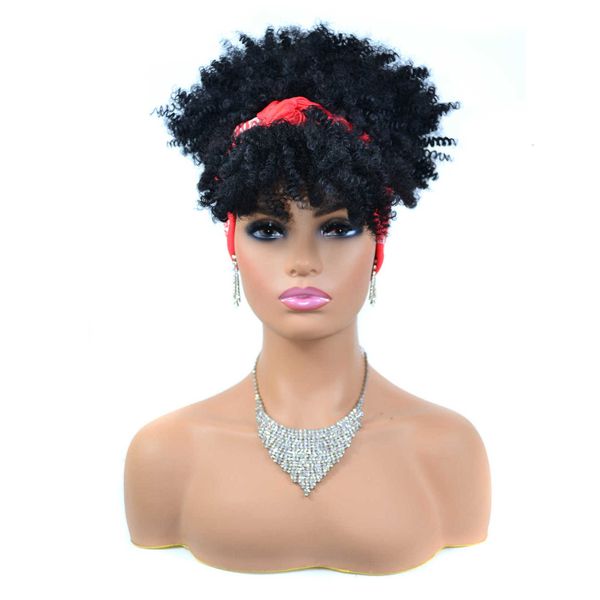 

red printed scarf black explosive head small curl wig cover