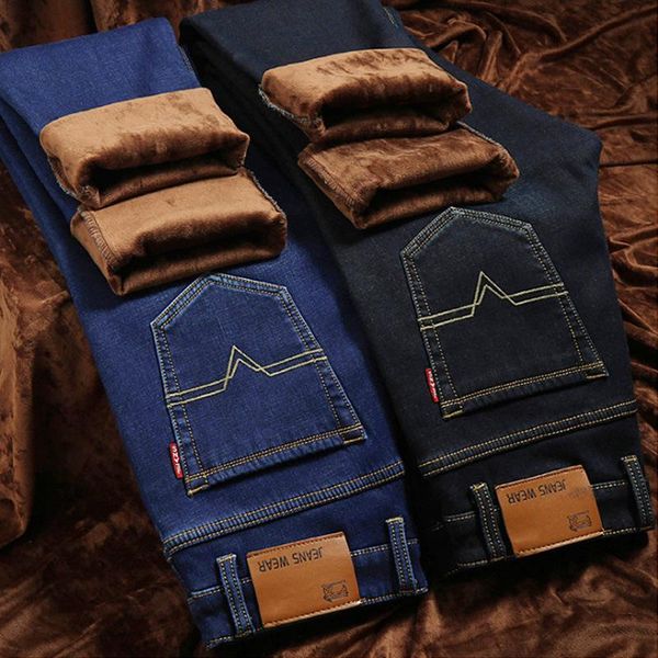 

men's jeans autumn winter pants plus velvet stretch thermal casual pantalones de hombre, Blue