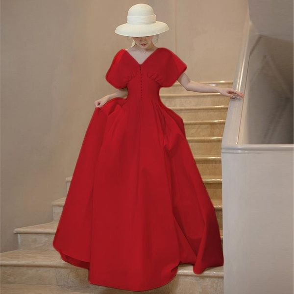 

ethnic clothing v-neck simple white classic formal party dress retract waist a-line celebrity vintage button prom satin maxi gown, Red