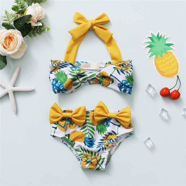

1-5t baby 2 pcs bathing suits, fashion pineapple print tie up halter bikini + swimming bottoms with bowknot clothing sets, White
