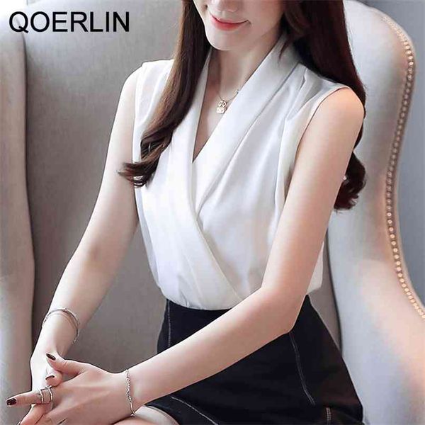 

office lady summer sleeveless chiffon shirt women's temperament v-neck ol silk vest stain tank s-xl 210601, White