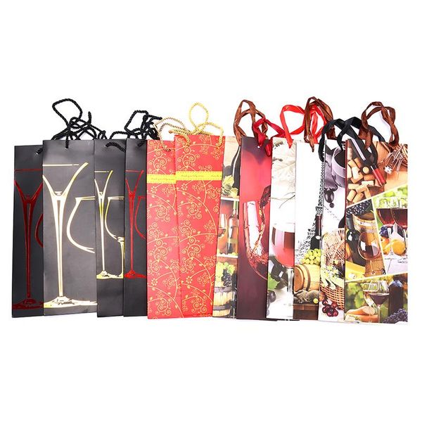 

paper bags wine packing carrier fsetival party gift bag ribbon handle -stamping oil bottle champagne wrap