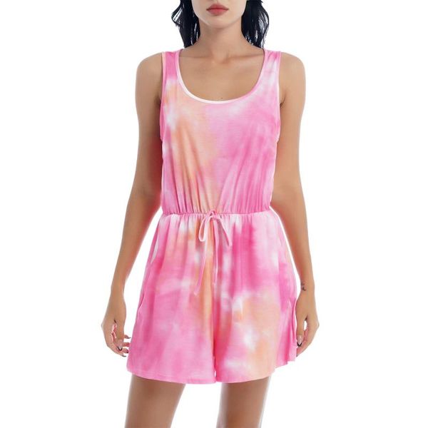 

yoga outfit women one-piece jumpsuit summer tie dye print casual bodysuit u neck sleeveless high waist elastic waistband shorts