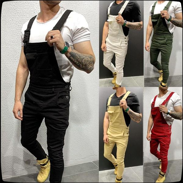 

men's jeans fashion full length solid color denim overalls jumpsuits, Blue