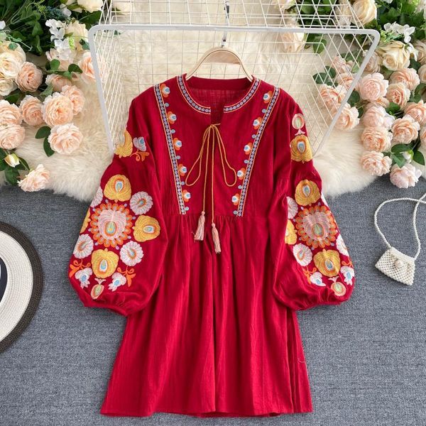 

autumn bohemian retro folk style vestidos female heavy industry embroidery round neck puff sleeve loose mini dress gl120 casual dresses, Black;gray