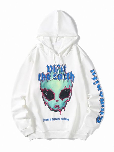 

men alien & slogan graphic drawstring hoodie q9hi#, Black