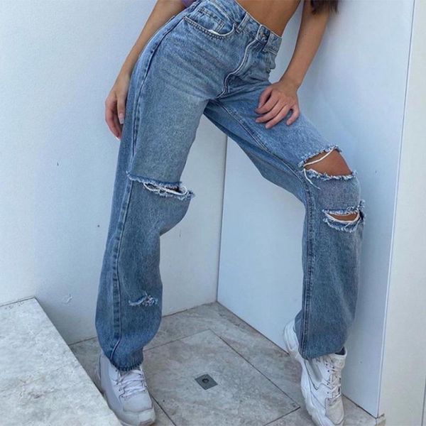 

women's jeans 2xl wide leg women holes ripped hollow out high waist zipper denim blue black vintage pants