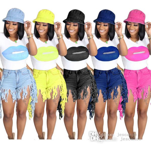 

designer plus size clothing women tracksuits 2 piece set summer tassel jeans lip printed t-shirt and denim shorts skirt 5 colors, Gray
