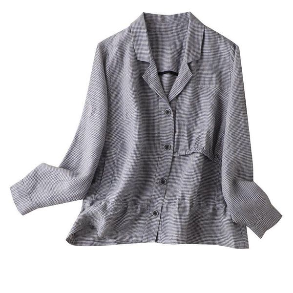 

artistic plaid casual drawstring women's style coat autumn linen long sleeve clothes single breasted jackets, Black;brown