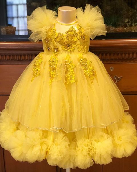 2021 Gelbe Spitze Perlen Ballkleid Tutu Blumenmädchenkleider Mode Tüll Elegante Lilttle Kinder Geburtstag Pageant Hochzeitskleider ZJ01