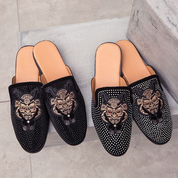 

big size half shoes for men 2021 embroidery leather slippers flip flops sandals classic mules slides outdoor casual man loafers, Black