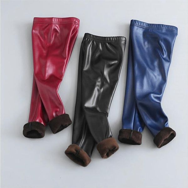 

autumn winter girls leather pants thick velvet pu childrens leggings kids pencil infant warm trousers slim pant, Blue