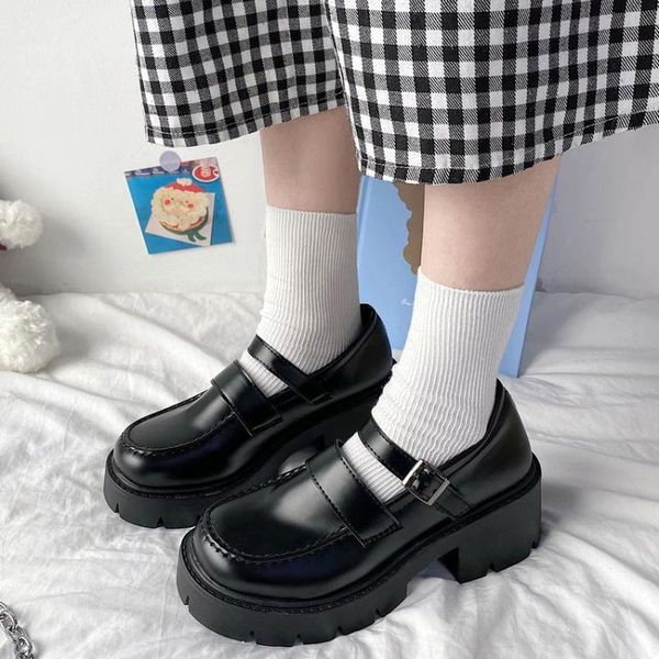 

dress shoes women student japanese style ankle strap round toe high heels platform leather cute lolita jk girls mary jane, Black