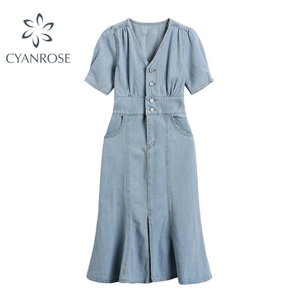 

blue denim dress women short sleeve high waist slim vintage v neck buttons jean dresses elegant retro korean ins vestidos mujer 210515, Black;gray
