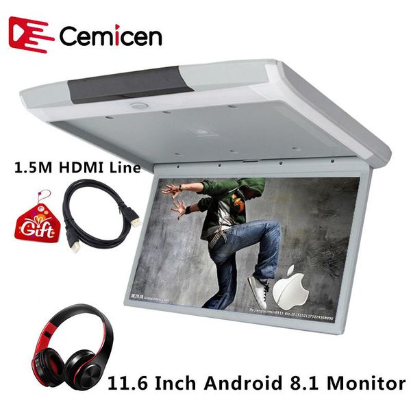 

car video cemicen 11.6 inch android 8.1 monitor ceiling mount roof 1080p ips screen wifi/hdmi/usb/sd/fm/bluetooth/speaker/game