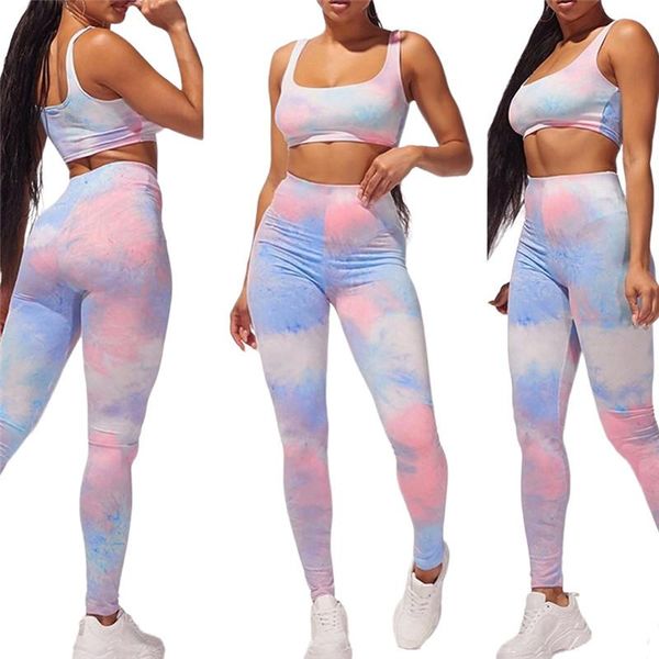 

women's tracksuits 2021 fashion women two piece set tie-dye vest and tight high waist trousers, Gray