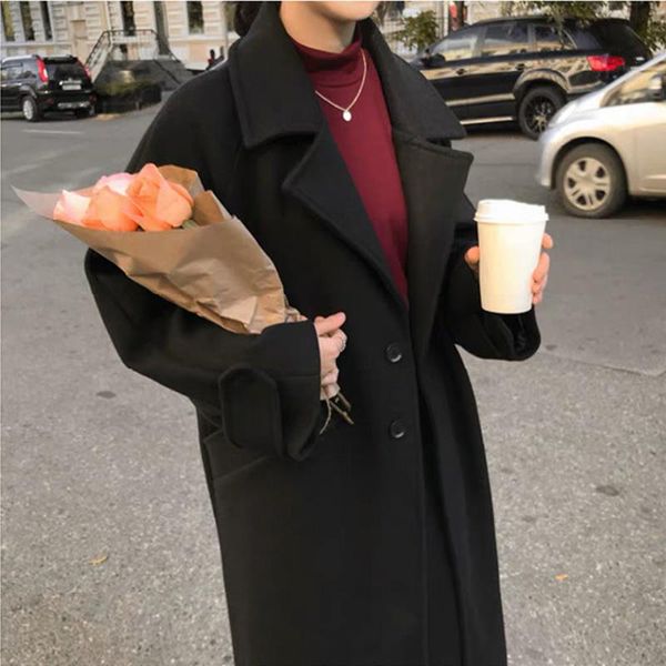 

women's wool & blends black jacket female fashion long loose ladies overcoat autumn winter woolen coat women korean plus size