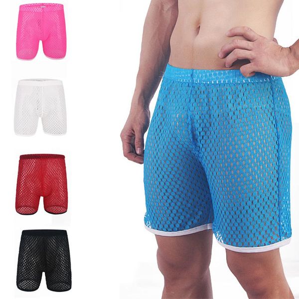 

men's sleepwear mens big mesh loose boxer hollow out see through home pajamas shorts sleep bottom homme, Black;brown