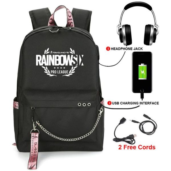 

backpack rainbow six seige usb school book bags fans travel lapchain headphone port