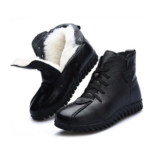 

boots women's flat boot 2021 winter genuine leather ladies ankle wool fur warm snow for woman shoes, Black