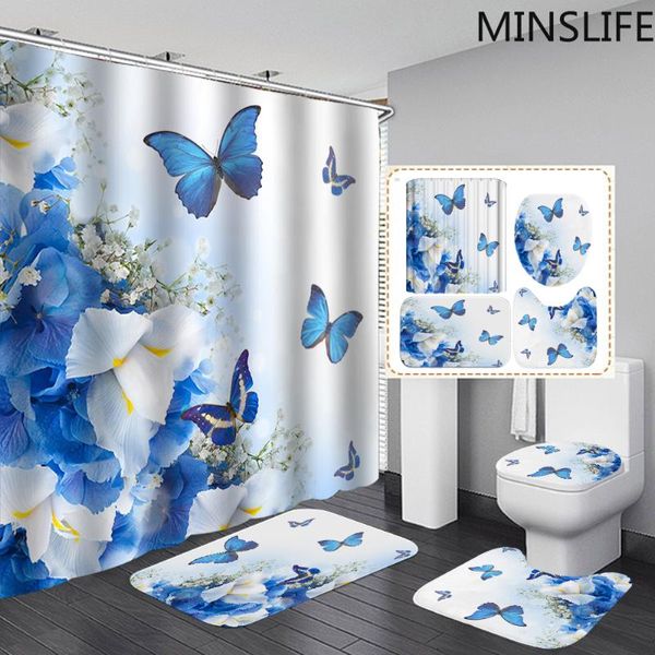 Blaue Schmetterlinge im Blumenmuster, Duschvorhang, wasserdichter Stoff, Badezimmer-Vorhänge-Set, Sockelteppich, Deckel, WC-Abdeckung, Matte