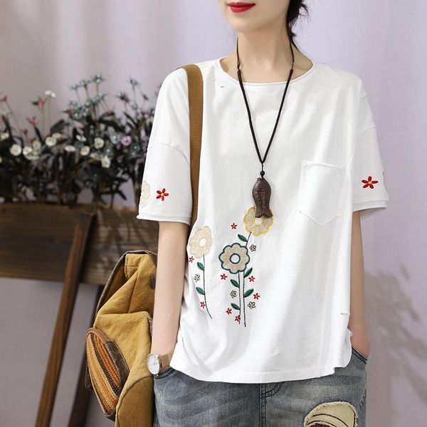 

women's t-shirt retro summer embroidery t shirt women short sleeve flower, White