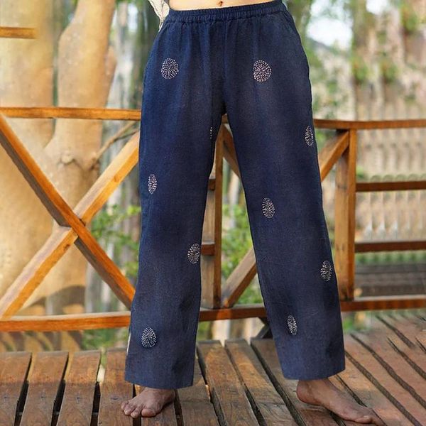 

women's pants & capris summer vacation lady vintage wide leg pant casual fashion elastic waist print straight pockets women trousers 20, Black;white