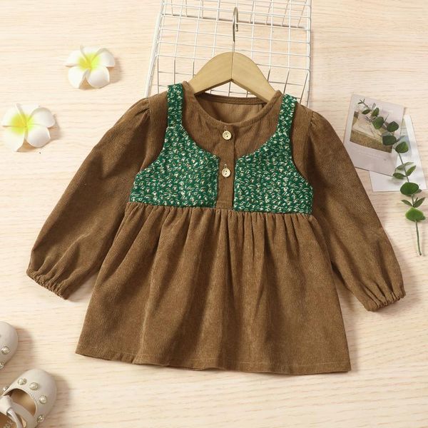 

girl's dresses spring fall little girl\u2021s casual long sleeve dress fashion print stitching corduroy round neck a-line princess, Red;yellow