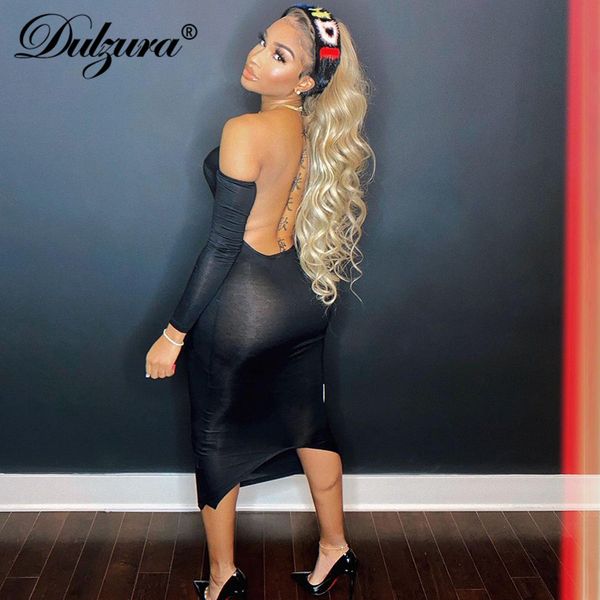 

solid women long sleeve midi dress off shoulder backless bodycon streetwear party club elegant 2021 summer festival, Black;white
