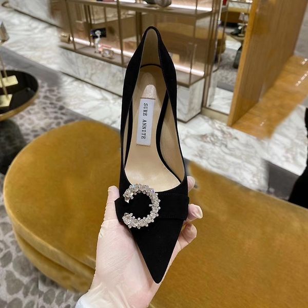 

sandals rhinestone pointed toe stilettos women spring 2021 shallow mouth sequins c buckle single banquet wedding shoes, Black