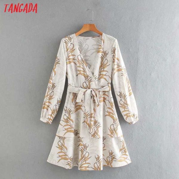 

tangada fashion women leaves print elegant dress v neck with slash vintage long sleeve ladies mini dress xn235 210609, Black;gray