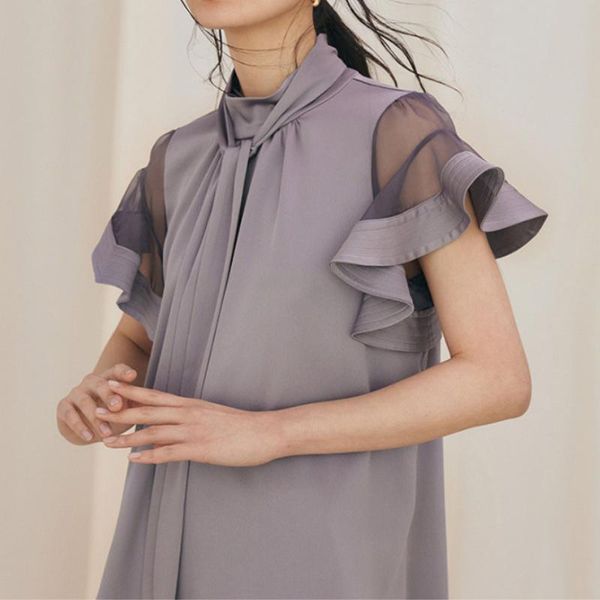 

women's blouses & shirts elegant gentle stand collar ribbon design women blouse ruched ruffles short sleeve loose work style ol summer, White