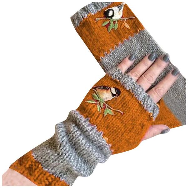 

five fingers gloves #40 women winter knit warm plus velvet embroidere outdoor soft guantes de invierno, Blue;gray