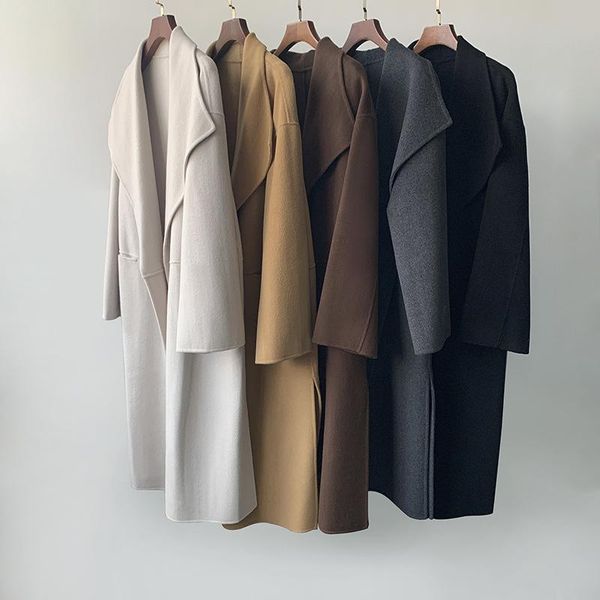 

women's wool & blends women double-sided woolen mid-length coat turn-down collar loose long sleeve ladies side slit jackets outwear win, Black