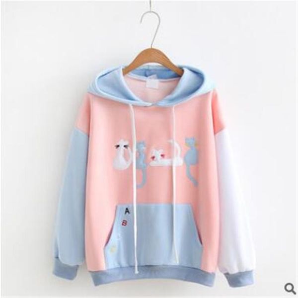 

women's hoodies & sweatshirts 2021 harajuku style women cartoon embroidery hooded college color matching loose keep warm, Black