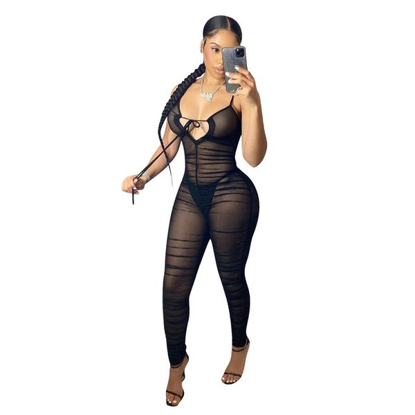 

women casual pleated mesh skinny jumpsuit(the logistics price pls contact us), White
