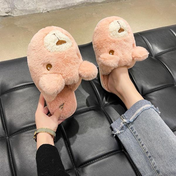 

slippers 2021 shoes flat flock slides short plush with low home women female comfortable, Black