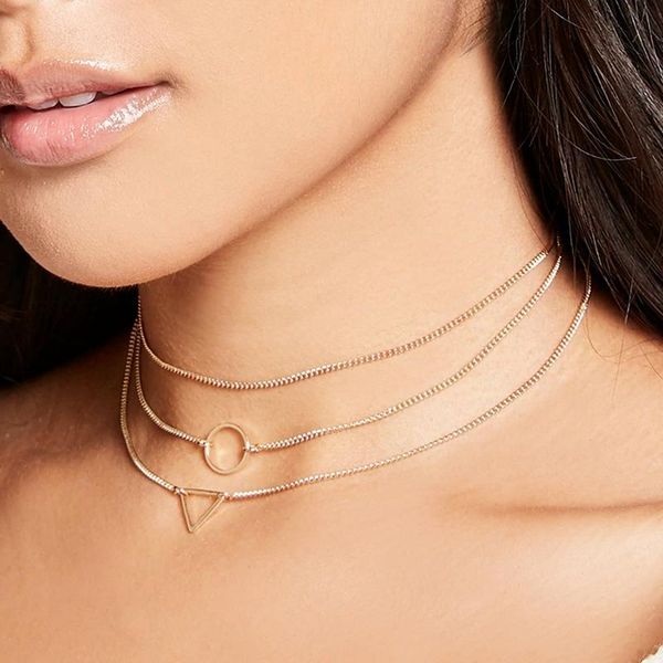 

chains circle woman necklace hollow women multilayer neck chain simple gold color european zinc alloy collare, Silver
