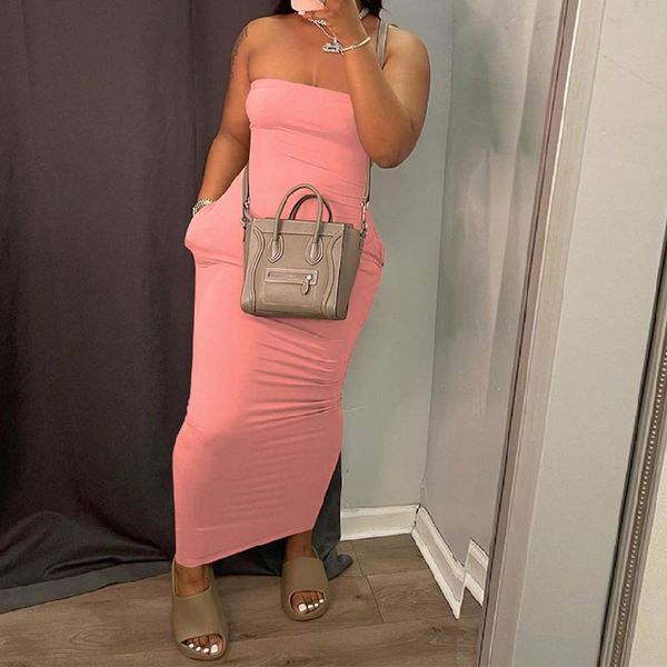 

casual dresses solid color close-fitting long dress sleeveless strapless high waist skinny wild party club sheath tube with pockets, Black;gray