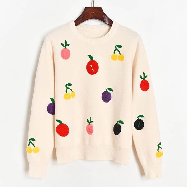 

knits sweet colors fruit embroidery knitted girls autumn winter pullover o-neck cute sweater student, White