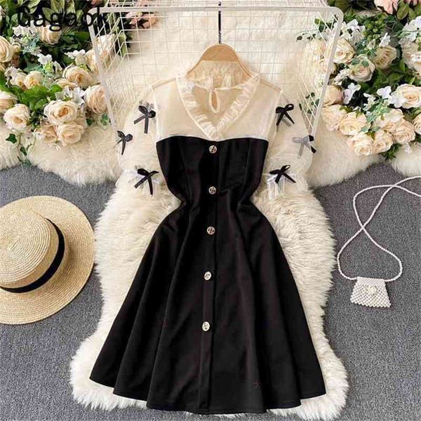 

dresses women elegant summer v-neck puff sleeve bow vintage patchwork mini dress slim chic fashion vestidos 210531, Black;gray