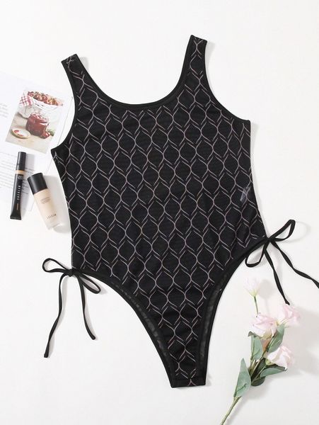 

plus allover graphic tie side teddy bodysuit i7zf#, Black;white