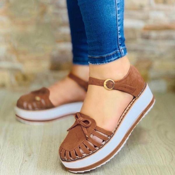 

sandals 2021 women fashion suede hollow out breathable casual closed toe platforms wedges buckle strap summer shoes, Black