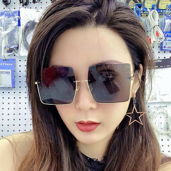 

half-frame cut-out metal sunglasses women's big face 2021 trendy retro port wind net red large frame, White;black