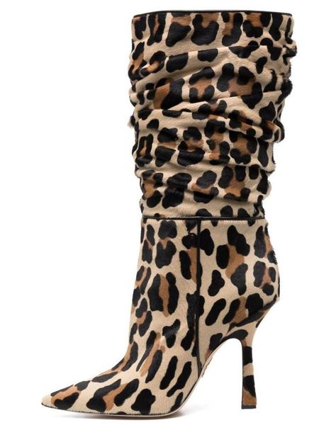

boots 2021 autumn winter high heeled pointed toe leather folds short sock fashion golden leopard sleeve women botas de mujer, Black