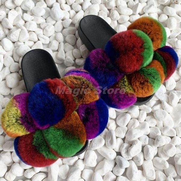 

slippers fluffy raccoon fur shoes women flip flop flat furry slides outdoor sandals woman dropship, Black