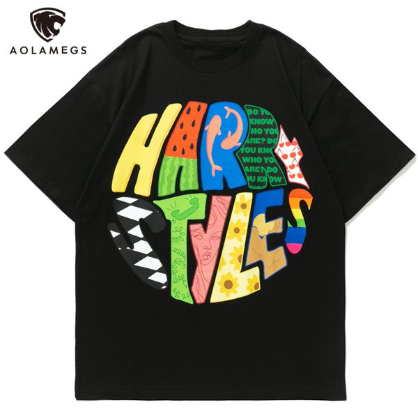 

men's polos aolamegs men's t-shirt colorful hip hop funny letter printed neck-to-neck t-shirt summer couple retro high street har, White;black