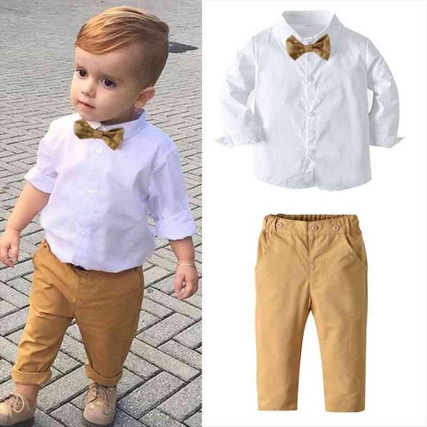 

infant kids baby boys 2 piece gentleman suit, solid white color button long sleeve bow shirt elastic waist trousers
