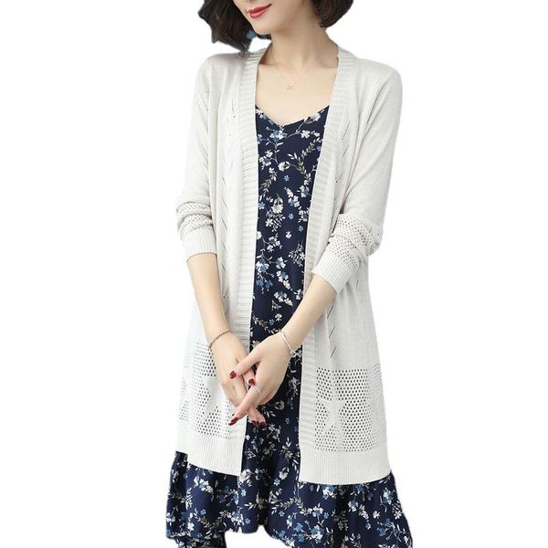 

women's knits & tees suncreen female long open stitch cardigans ice silk cardigan women knitted coats thin hollow out summer shawl swea, White